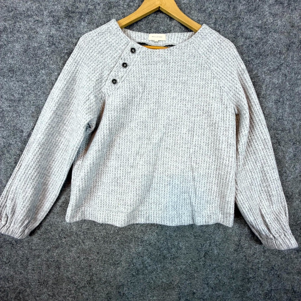 Mello Day Sweater Womens Small Gray Waffle Knit Asymmetric Button Office Casual